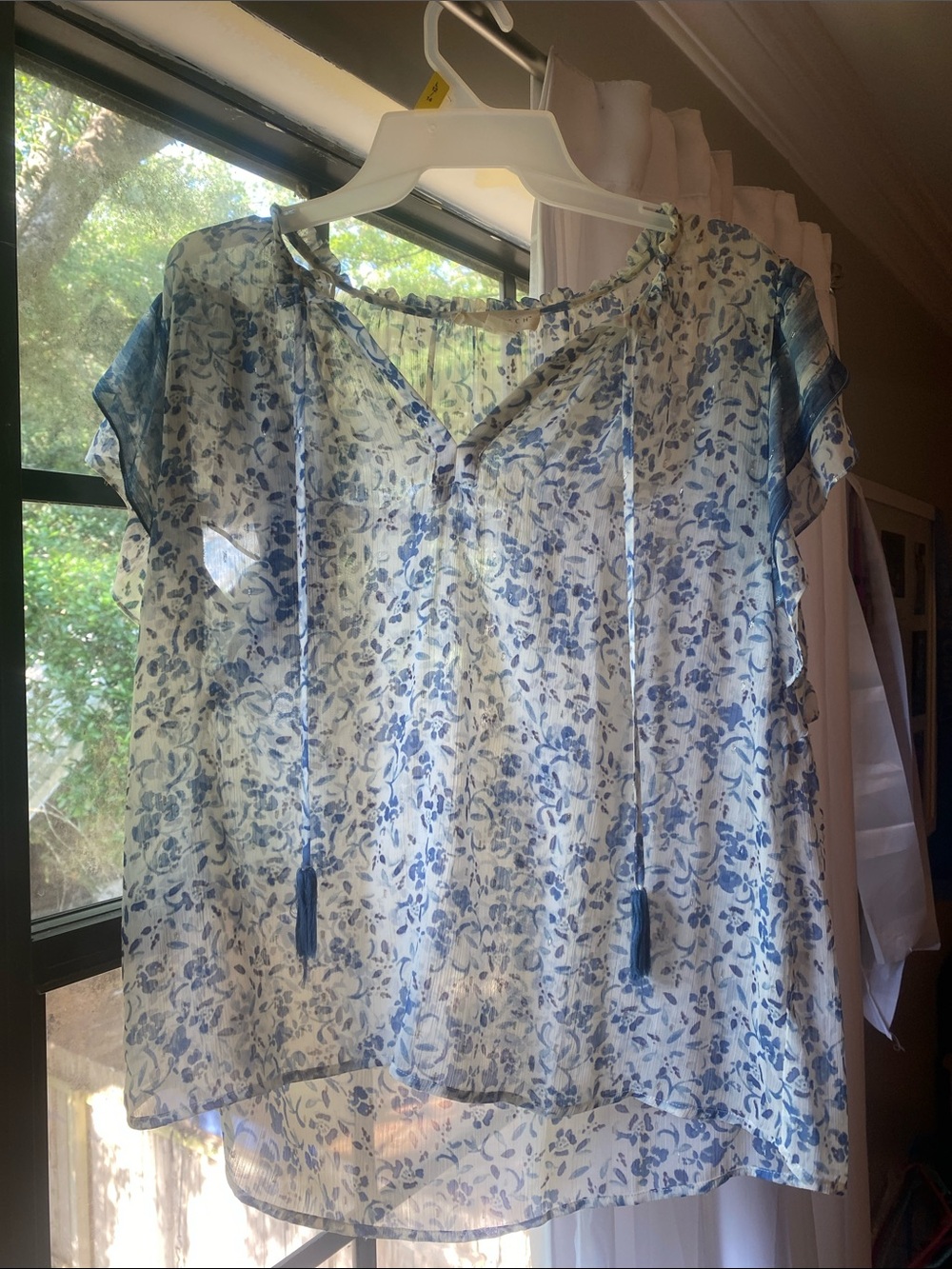 lovestitch Blue Floral Sheer Tassel Blouse